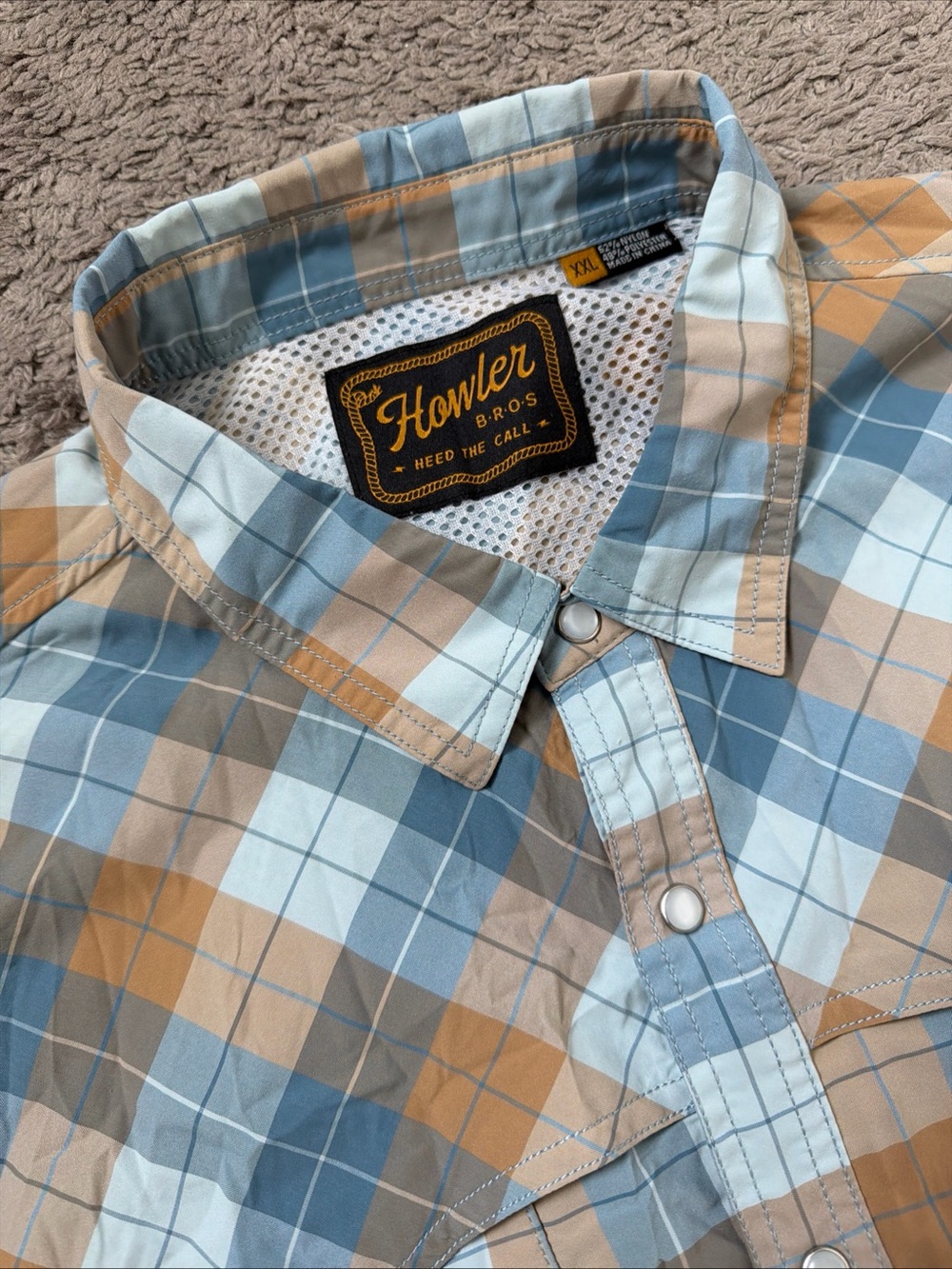Howler Bros Shirt Mens XXL Blue/Brown Plaid Short Sleeve Pearl Snap Western